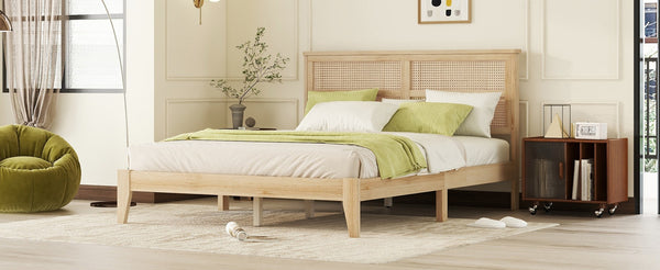 English Elm Queen Size Solid Rubberwood Bed With Rattan Headboard – Durable, Stylish & Space-Saving Design! W504P184305-GIGA