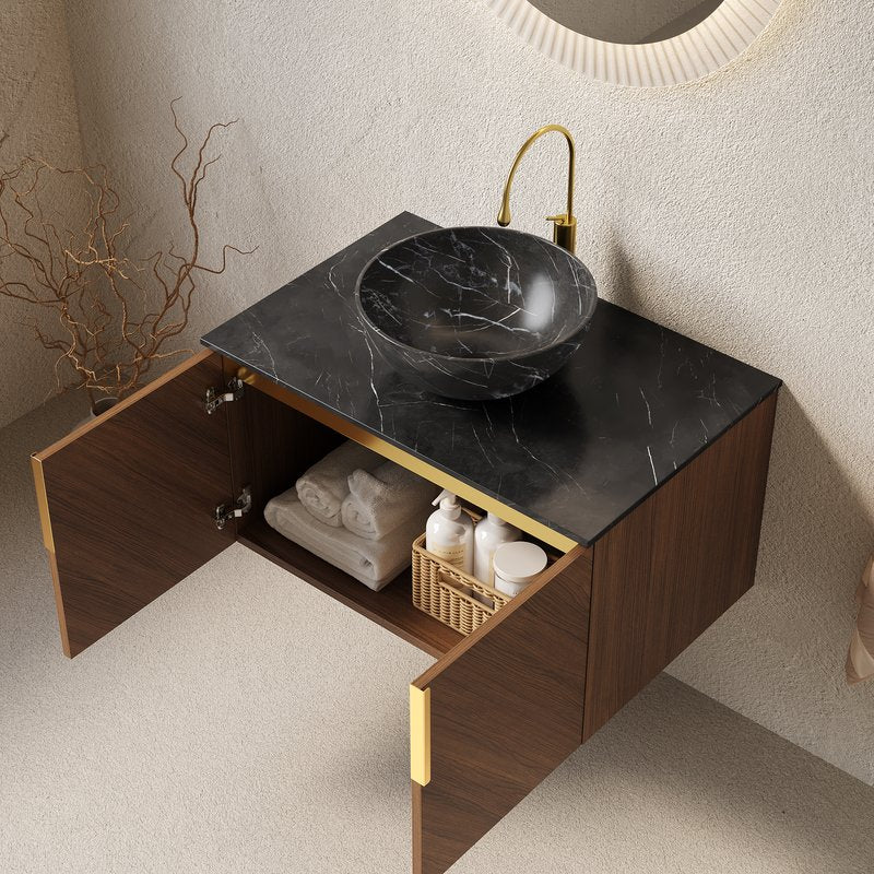 English Elm Arai 30" Floating Bathroom Vanity With Black Stone Countertop & Ceramic Basin, Elegant Oak Storage W2615S00261