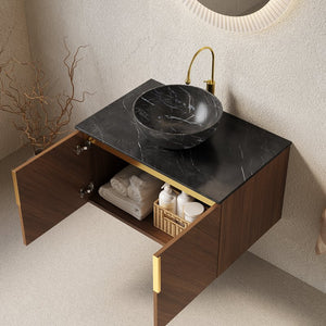English Elm Arai 30" Floating Bathroom Vanity With Black Stone Countertop & Ceramic Basin, Elegant Oak Storage W2615S00261