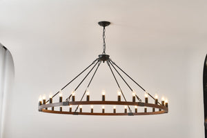 English Elm 53.15 Inch Wagon Wheel Chandelier Wood Matte Black 30 Light Seeded Glass Farmhouse W5008P464800