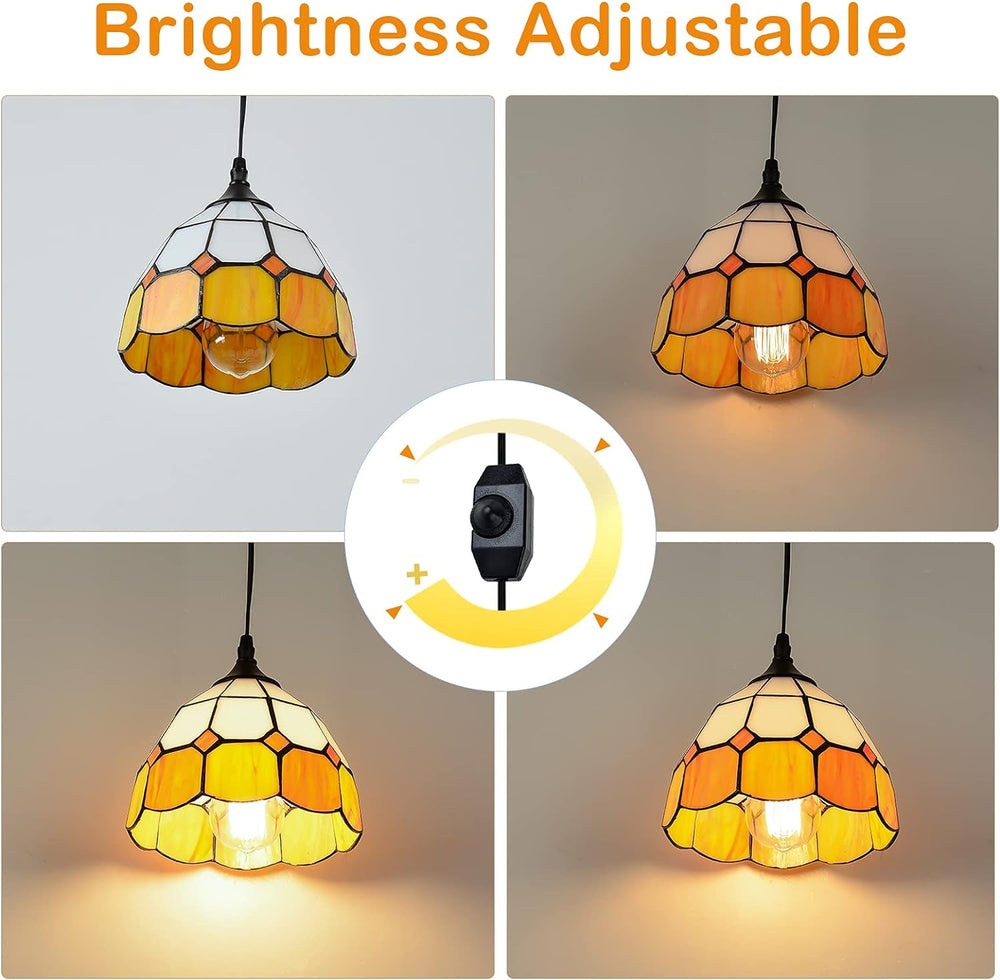 English Elm Tiffany Dimmable Plug-In Pendant Light with Stained Glass Shade, Vintage Swag Lamp 16.4ft Cord W2738P185433