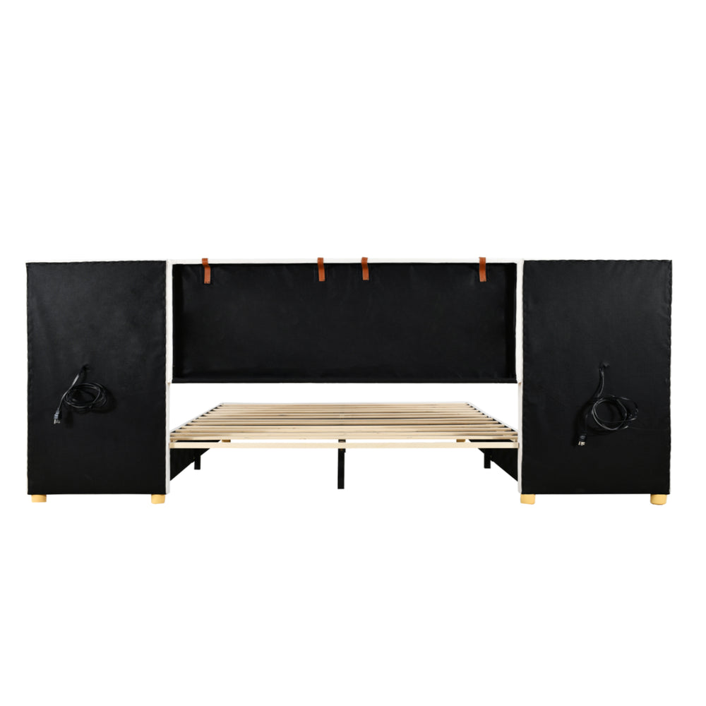 English Elm Queen Upholstered Velvet Platform Bed with Dual USB Outlets, Built-In Pillows, Shelves & 500lb Support WF324746AAA