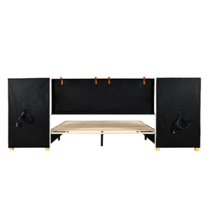 English Elm Queen Upholstered Velvet Platform Bed with Dual USB Outlets, Built-In Pillows, Shelves & 500lb Support WF324746AAA