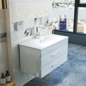 English Elm 36-Inch Modern Wall-Mounted Bathroom Vanity With Soft-Close Drawers & Glossy White Ceramic Sink W3151S00050