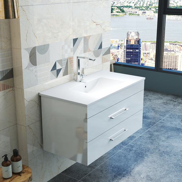 English Elm 36-Inch Modern Wall-Mounted Bathroom Vanity With Soft-Close Drawers & Glossy White Ceramic Sink W3151S00050