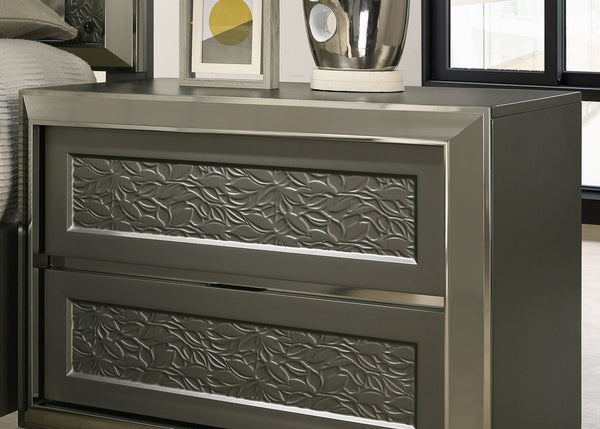 English Elm Glam Nightstand with Led Accent Lighting Faux Crystal Trim and Acrylic Pulls Gray B2741P435899