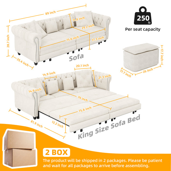 English Elm Chesterfield 3-In-1 Convertible Sofa Bed, Elegant Tufted Velvet Sleeper, Chaise Lounge & Ottoman Set W1885S00177