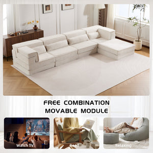 English Elm Compression Mahjong Sofa Bed - Versatile Modular Design, Cozy Circle Fleece, No Assembly, 4 Seater W3723S00035