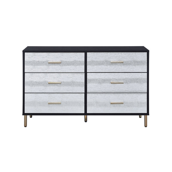 English Elm Myles Faux Crocodile Six-Drawer Dresser with Metal Legs, Full KD Frame, Durable Veneer Finish Black,Gold,Silver 54 L x 22 W x 9 H B2726P286618