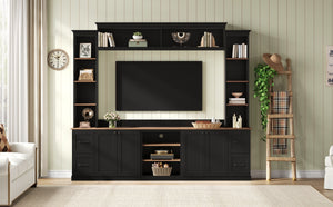 English Elm Unique Low Profile Media Console with Led Lighting Glass Shelves Fits Tvs to 105 Black N721S000077B