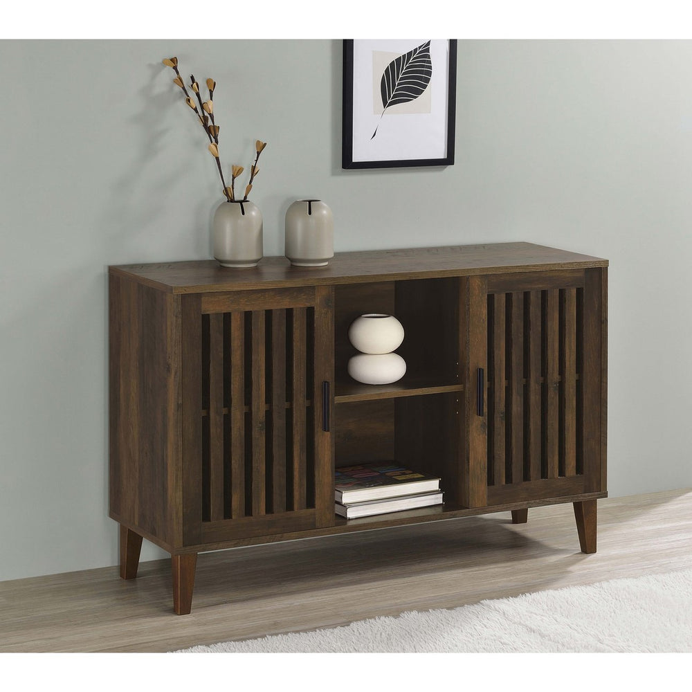 English Elm Brommer Slatted Door Hardwood Sideboard Cabinet with Tapered Legs for Dining Rooms B062P451809