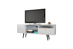 English Elm Liberty 71" TV Stand with Mid-Century Splayed Legs, Wire Management, Drawer & Cubby Storage White B365P398398