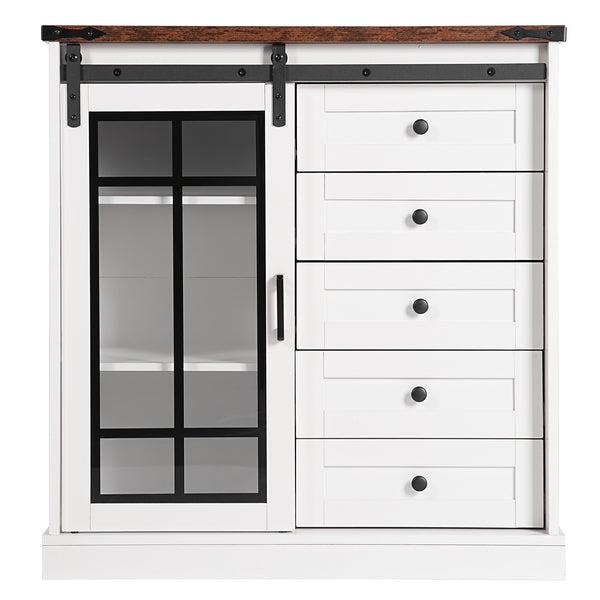 English Elm Storage Cabinet Rustic Farmhouse Sideboard with Glass Barn Doors, 5 Drawers & Adjustable Shelves, White-Walnut W2896P215177