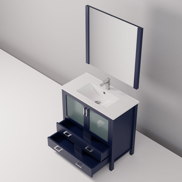 English Elm Navy Blue Bath Vanity Set With White Ceramic Top, Chrome Faucet & Matching 34" Mirror For Style Upgrade B2731S01290