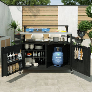 English Elm K&K 53.3" Outdoor Kitchen Island with 1.2" Stainless Top, Spacious Storage, Raised Shelf, Wheels Black N707P250628B