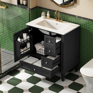 English Elm 30 30 Inch Bathroom Vanity with Ceramic Sink, Modern Compact 3-Drawer Storage Cabinet for Small Baths Black N710P247499B
