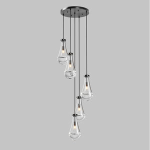 English Elm 5 Light Cluster Pendant with Raindrop Glass & Adjustable Copper Rope, Modern High-Ceiling Chandelier for Living Room, Dining, Stairwell — App-Controlled Black W1340P316384