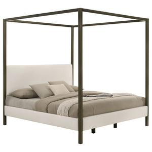 English Elm Mellie Vanilla Eastern King Canopy Bed with Bronze Frame, Upholstered Posts & Elegant Modern Lines B062S01058