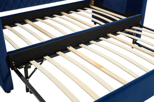 English Elm Twin Velvet Upholstered Daybed with Trundle, V-Pattern Backrest, USB Port, Side Pockets, Sturdy Design Navy W1361S00044