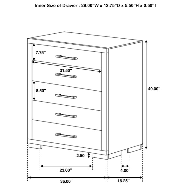 English Elm Polk Five Drawer Chest with Felt Lined Storage and Bracket Feet in Cappuccino Finish B062P447700