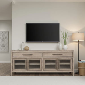 English Elm 65 inch TV Stand Console White Oak Finish — Fully Assembled, Seeded Glass Doors, Rubbed Bronze Hardware, Ample Storage, Fits TVs to 75" B108P163862