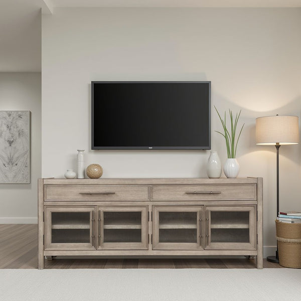 English Elm 65 inch TV Stand Console White Oak Finish — Fully Assembled, Seeded Glass Doors, Rubbed Bronze Hardware, Ample Storage, Fits TVs to 75" B108P163862