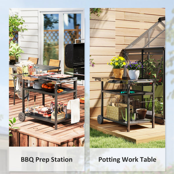 English Elm Outsunny Rolling Grill Cart Stainless Steel Patio Prep Station with Three Shelves W2225P485560
