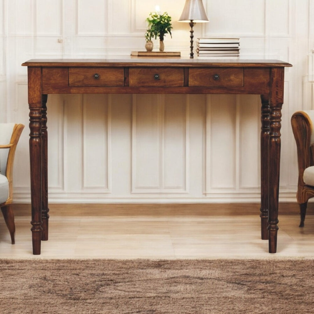 English Elm Turned 3-Drawer Chestnut Console Table - Handcrafted Solid Mango Wood With Timeless Elegance & Storage B182P301347-GIGA
