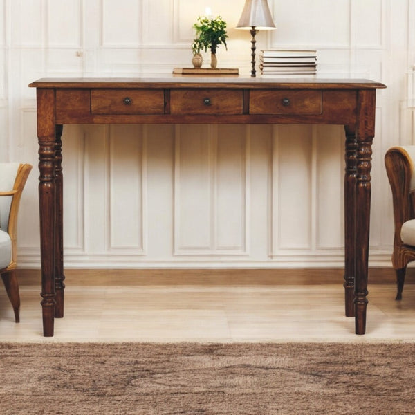 English Elm Turned 3-Drawer Chestnut Console Table - Handcrafted Solid Mango Wood With Timeless Elegance & Storage B182P301347-GIGA
