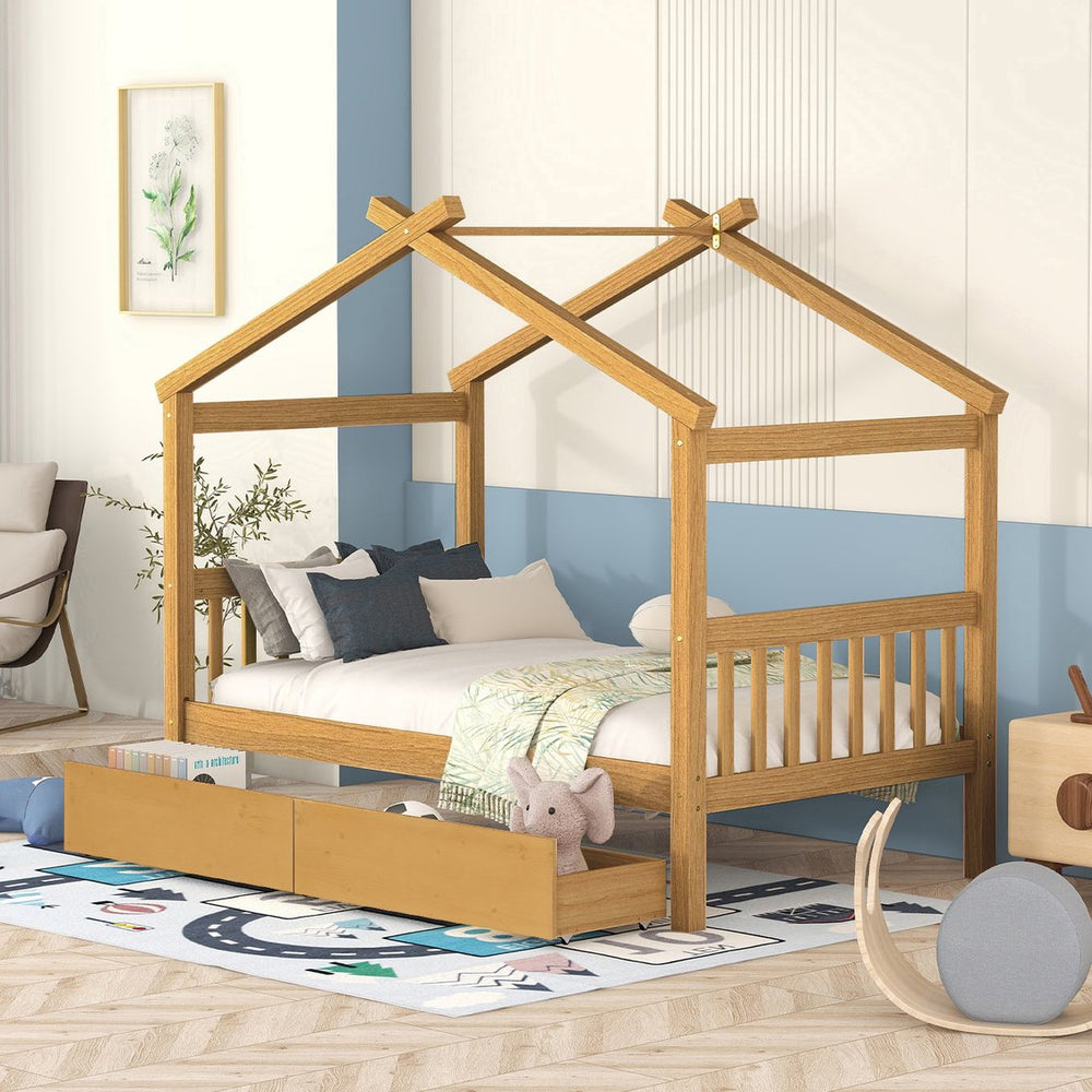 English Elm Twin House Bed Solid Pine Kids Cottage Frame with Storage Drawers Imaginative Room N708P309245M