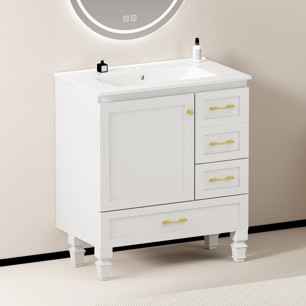English Elm 30"black Matte Finish Bathroom Vanity with Soft Close Cabinet and Three Storage Drawers White W3133S00017
