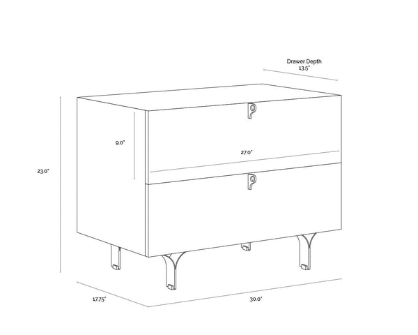 Sunpan Celine Nightstand - Elegant Two-Drawer Design with Antique Brass Feet for a Luxe Bedroom Retreat Large - 30W x 17.75D x 23H