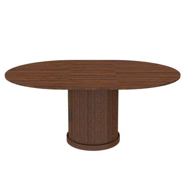 English Elm 47 Inch Extendable Round Dining Table Walnut Finish Seats 8 with Wire Grid Shelf W2700P385519