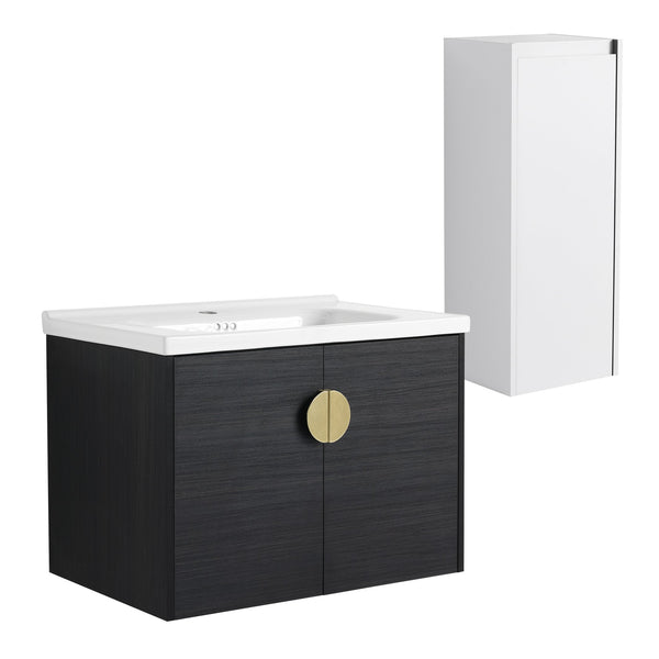 English Elm 28" Wall-Mounted Bathroom Vanity With Ceramic Sink & Side Cabinet – Space-Saving, Soft-Close Doors! W999S00327