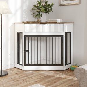 English Elm 44.6'' Corner Mdf Dog Kennel Cabinet with Fluted Drawer End Table for Modern Living White W5216P415904