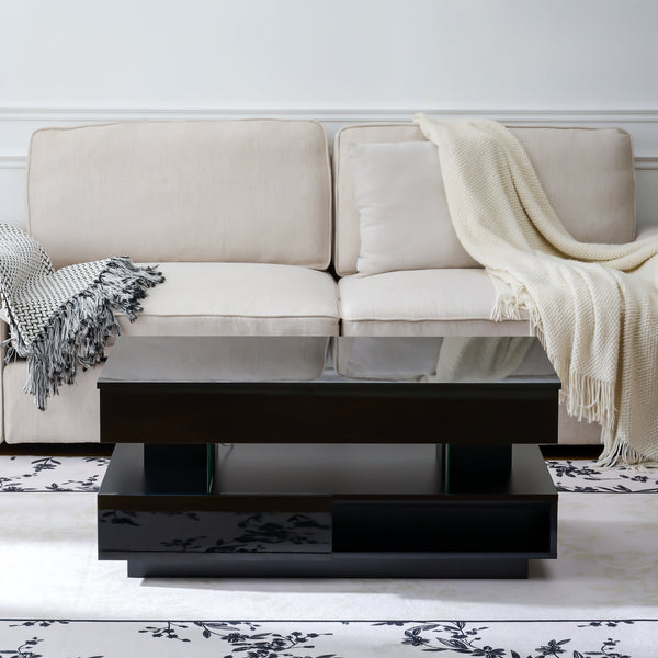 English Elm 39.3" Lift Top Coffee Table with Hidden Storage, 2 Drawers, Adjustable LED Ambience Lights and Durable Lift Mechanism Black W3871P368907