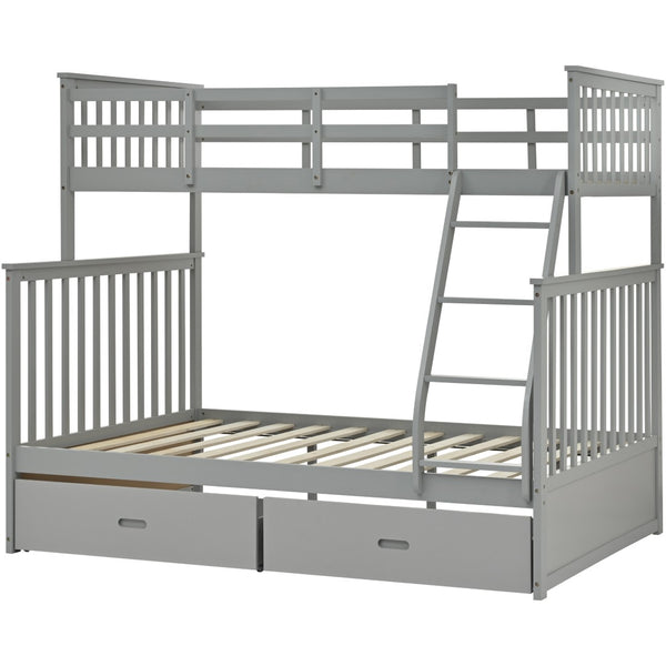English Elm Twin Over Full Bunk Bed With Storage Drawers – Stylish Gray Wooden Bed With Safety Rails & Ladder K495S00001-GIGA