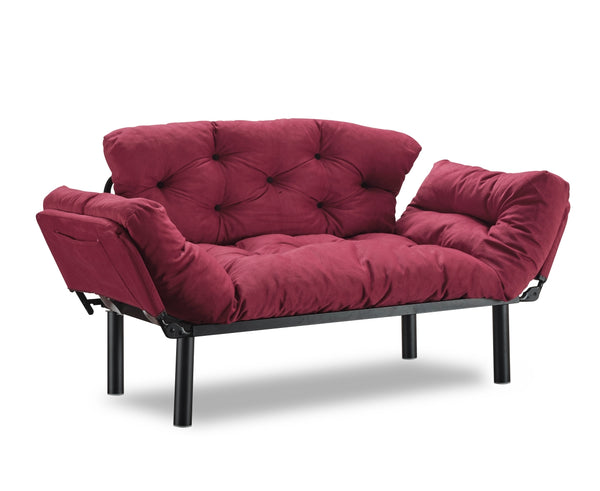 English Elm Nitta Modern Adjustable Arm Love Seat — Convertible Two-Seater Sofa Bed with Plush Upholstery, Metal Frame Burgundy B029P330055