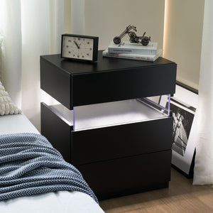 English Elm LED Modern 3-Drawer Nightstand with Acrylic Top, Built-In Ambient Lighting, Sturdy MDF & Wood Black 22.23 L x 17.32 W x 7.87 H W2371P173485
