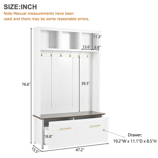 English Elm On-trend Entryway Hall Tree with Gold Hooks Bench Drawers and Shoe Cabinet Storage White N721S000056K-1