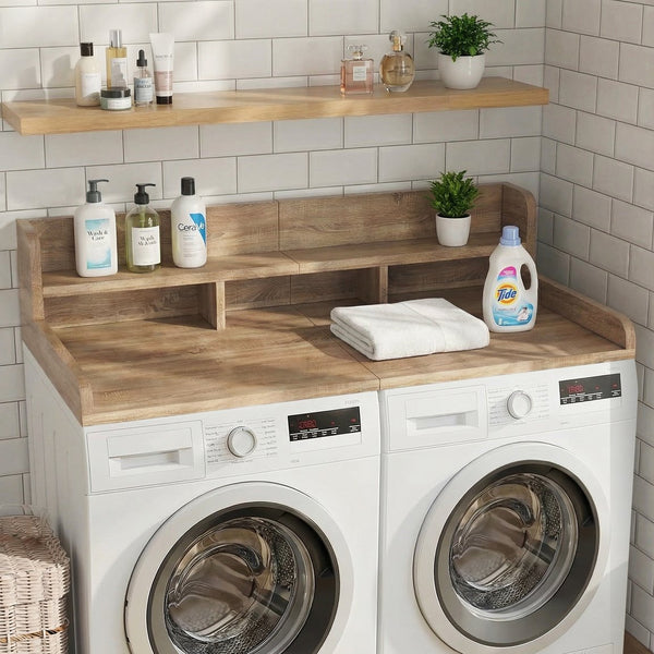 English Elm Washer Dryer Wood Look Shelf Topper with Raised Edge Double Layer Laundry Organizer Brown+Sand W2641P442523