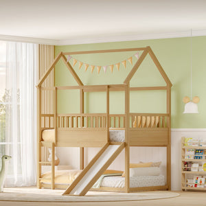 English Elm House Twin Bunk Bed with Built-In Slide and 3-Stage Ladder, Pine French Design with High Guardrail Safety Natural Wood W1858P241096