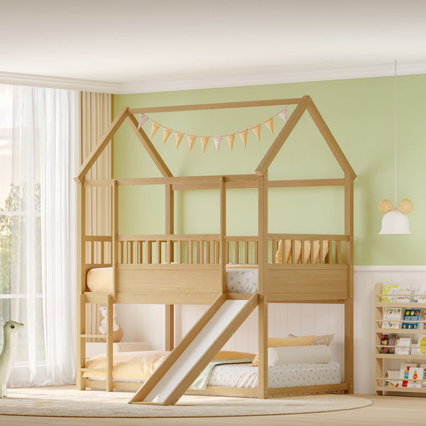 English Elm House Twin Bunk Bed with Built-In Slide and 3-Stage Ladder, Pine French Design with High Guardrail Safety Natural Wood W1858P241096