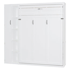 English Elm Full Size Murphy Bed with Open Shelving Wardrobe and Led Lighting for Studio Spaces White LP000898AAK-1