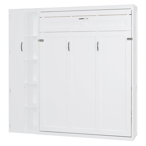 English Elm Full Size Murphy Bed with Open Shelving Wardrobe and Led Lighting for Studio Spaces White LP000898AAK-1