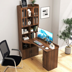 English Elm L-Shaped Corner Computer Desk with Hutch & Drawers, Space-Saving 2-in-1 Design and Ample Storage Walnut W331S00187