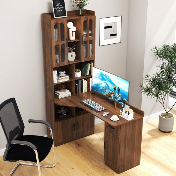 English Elm L-Shaped Corner Computer Desk with Hutch & Drawers, Space-Saving 2-in-1 Design and Ample Storage Walnut W331S00187