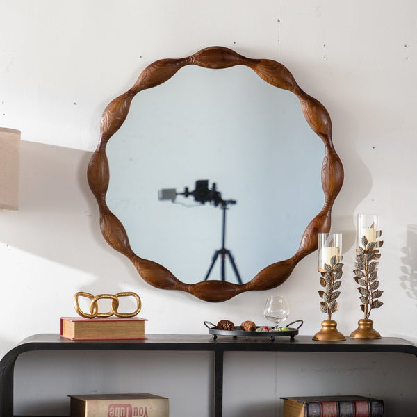 English Elm 32.28" Solid Walnut Wavy Frame Round Mirror Organic Silhouette for Entryway or Living Room W3158P390658