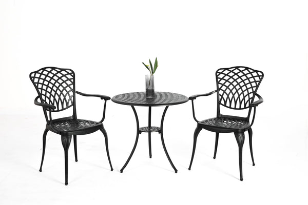 English Elm 3 Piece Patio Bistro Set - Elegant Cast Aluminum Table & Chairs, All-Weather Outdoor Furniture, Black W640P251285