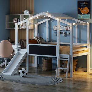 English Elm Twin House Loft Bed with Slide Chalkboard Panel and Led Roofline for Kids White WF324323AAK